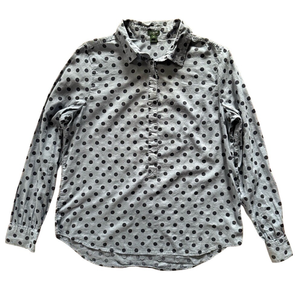 J.Crew Factory Womens Polka Dot Popover Shirt Medium Blue Long Sleeve Cotton